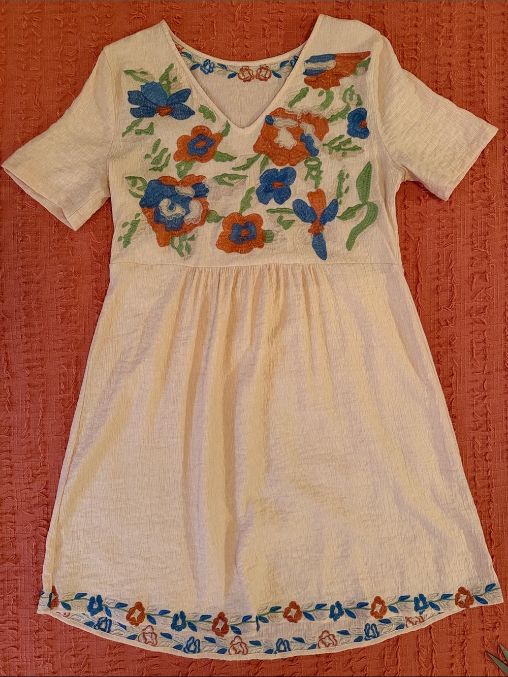 Cream Floral Orange And Blue Poppy Embroidered Boho Mini Dress
